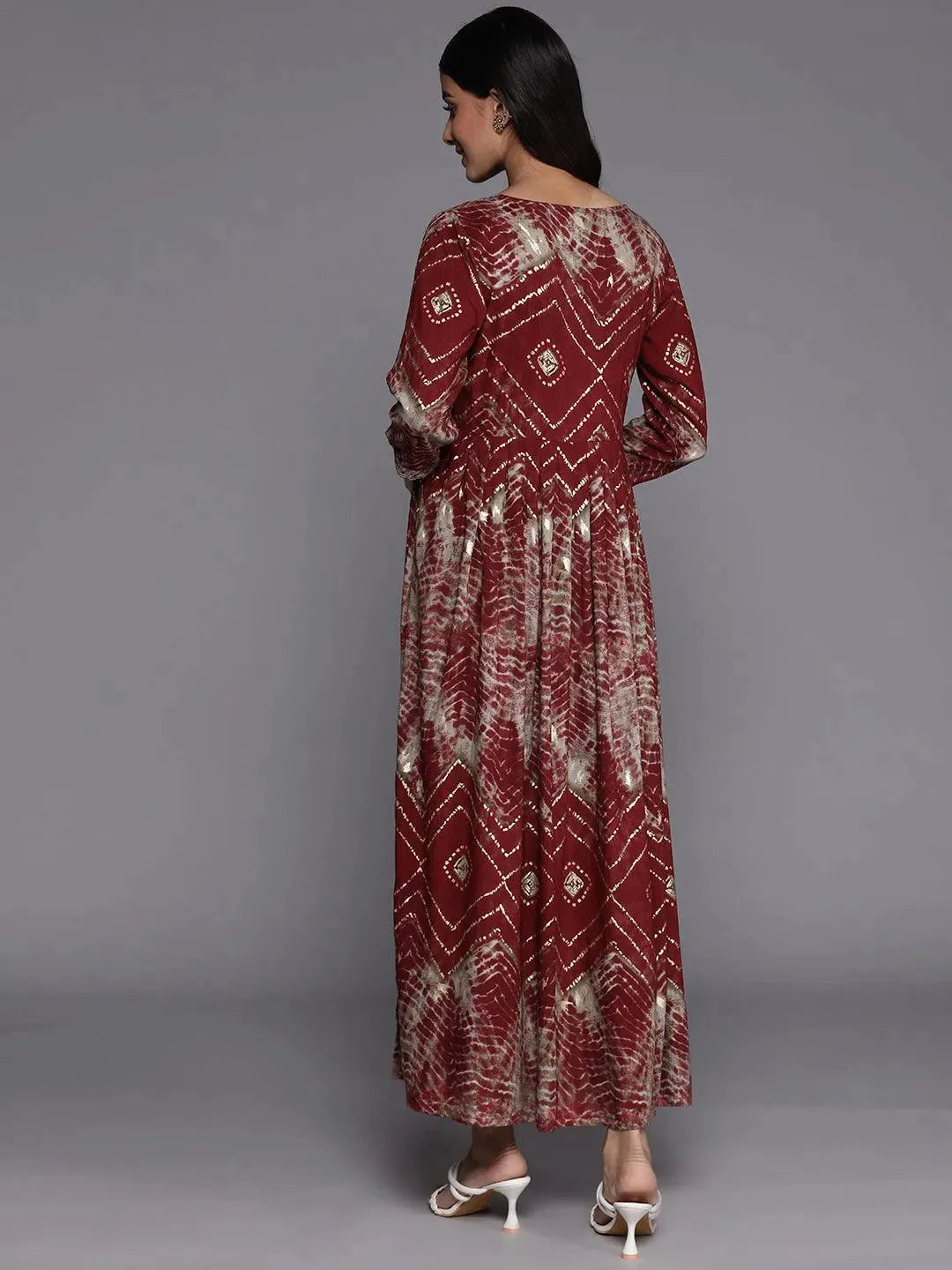 Maroon Printed Fit and Flare Rayon Dress - Libas