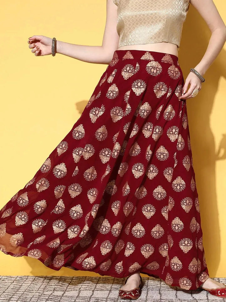 Maroon Printed Georgette Skirt - Libas