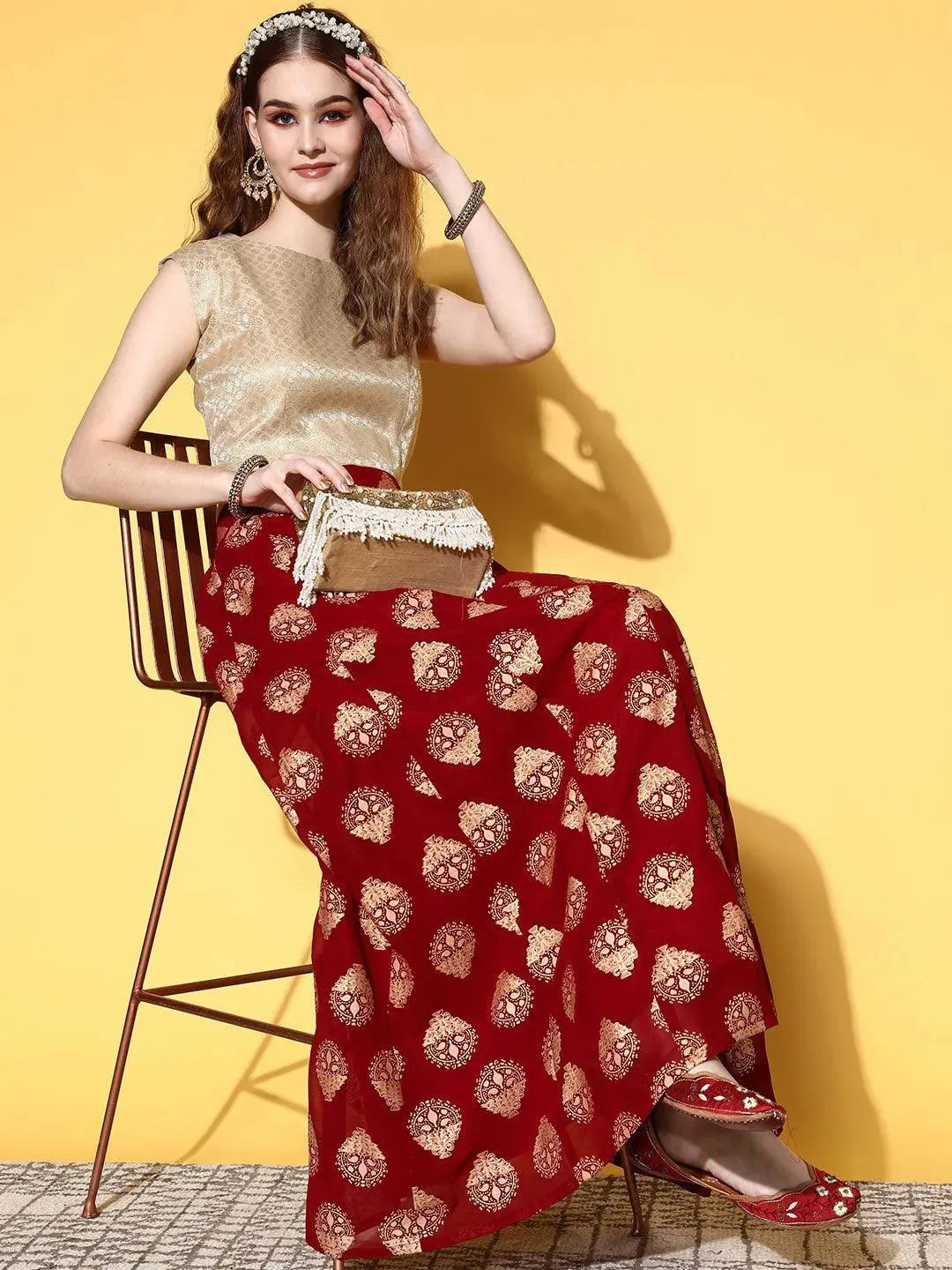 Maroon Printed Georgette Skirt - Libas