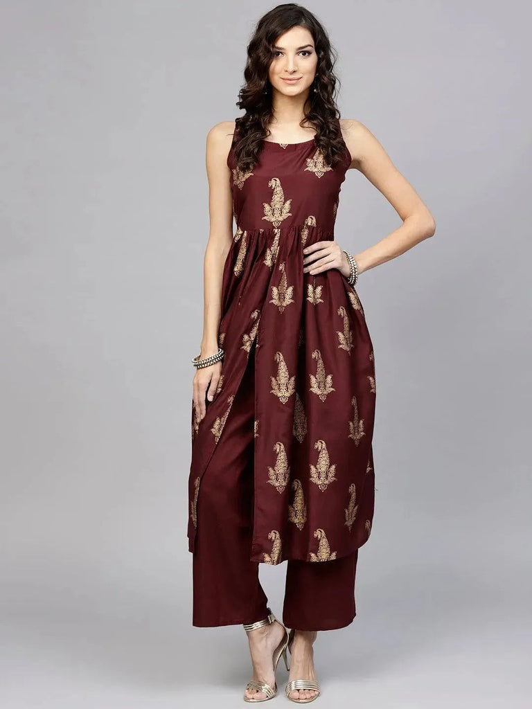 Libas Maroon Printed Muslin A-Line Kurta With Palazzos