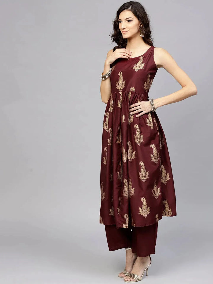 Maroon Printed Muslin Kurta Set - Libas