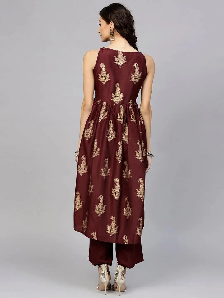 Maroon Printed Muslin Kurta Set - Libas