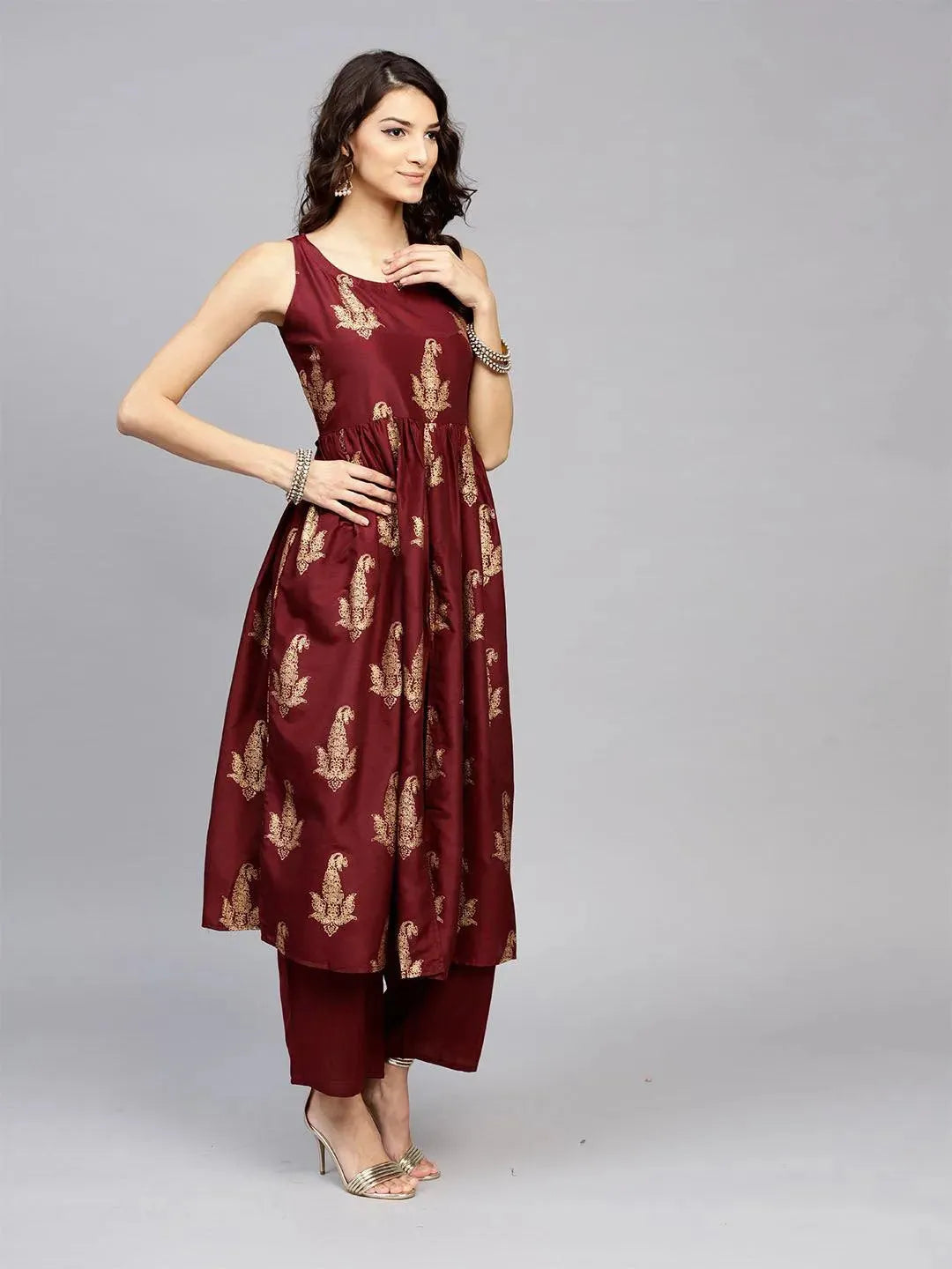 Maroon Printed Muslin Kurta Set - Libas