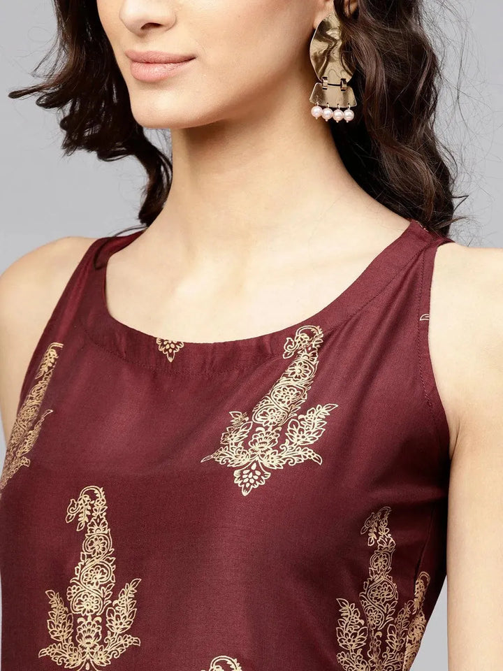 Maroon Printed Muslin Kurta Set - Libas