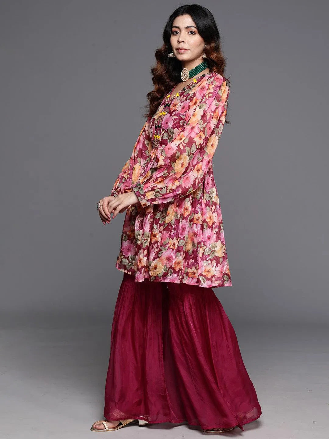 Maroon Printed Organza A-Line Kurta With Sharara & Dupatta - Libas 