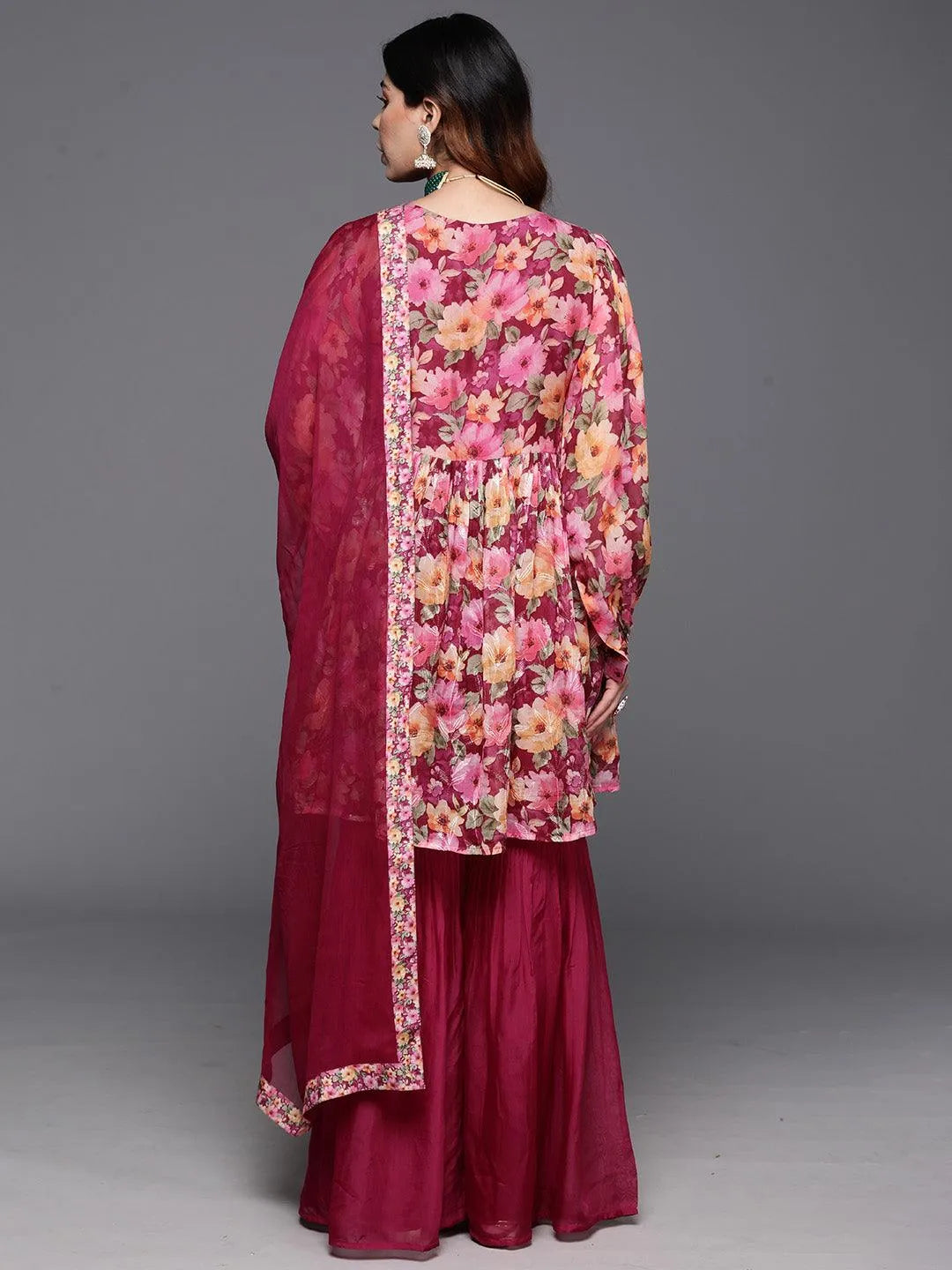 Maroon Printed Organza A-Line Kurta With Sharara & Dupatta - Libas 