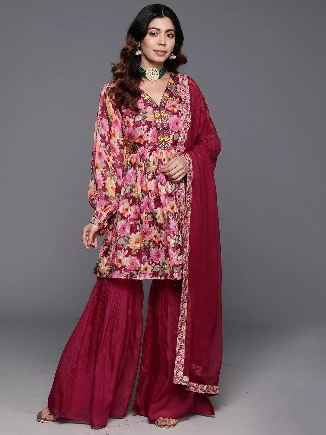 Maroon Printed Organza A-Line Kurta With Sharara & Dupatta - Libas 