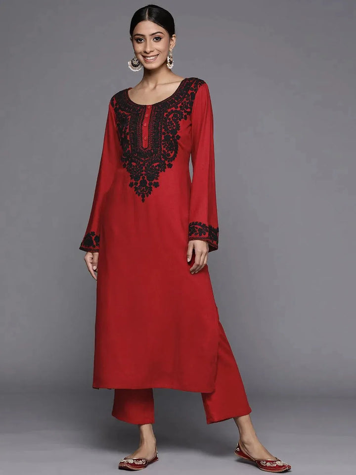 Maroon Printed Pashmina Wool Kurta - Libas