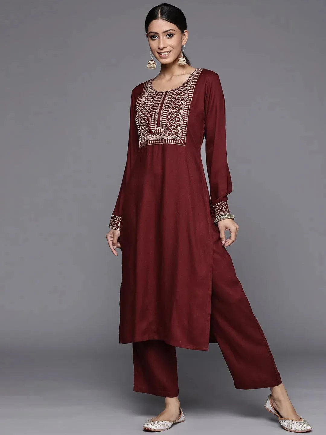 Maroon Printed Pashmina Wool Kurta - Libas