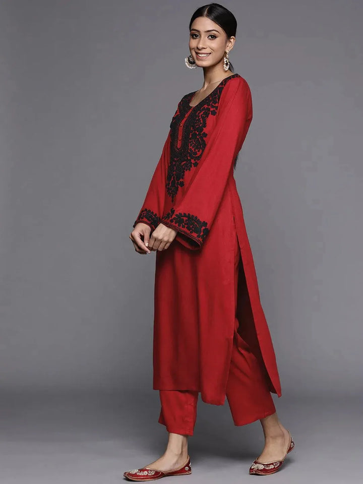 Maroon Printed Pashmina Wool Kurta - Libas