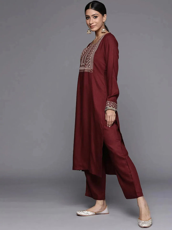 Maroon Printed Pashmina Wool Kurta - Libas