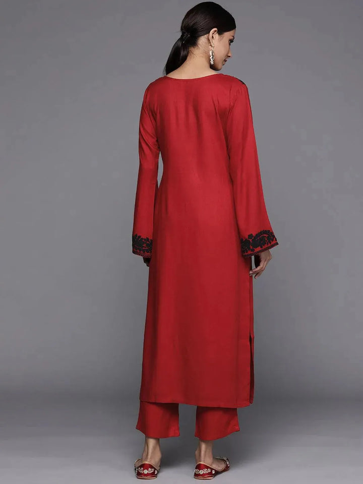 Maroon Printed Pashmina Wool Kurta - Libas