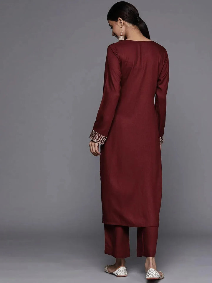 Maroon Printed Pashmina Wool Kurta - Libas