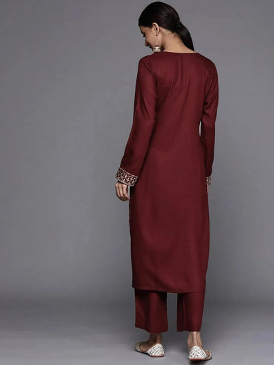 Maroon Printed Pashmina Wool Kurta - Libas