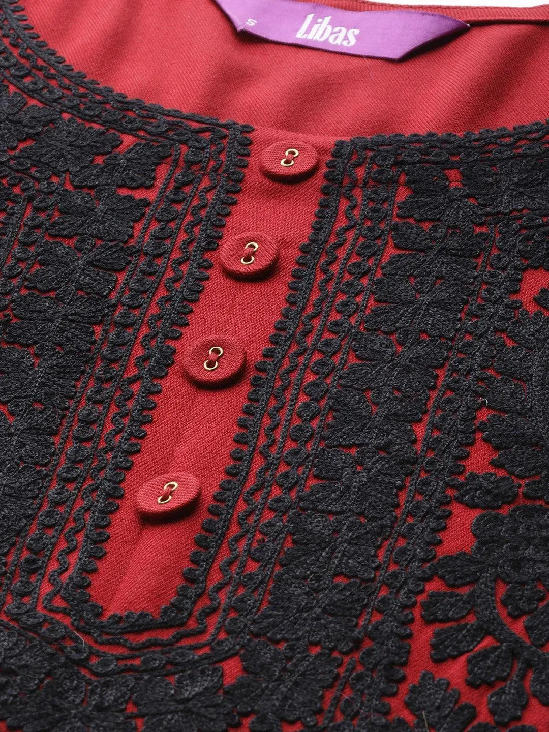 Maroon Printed Pashmina Wool Kurta - Libas 