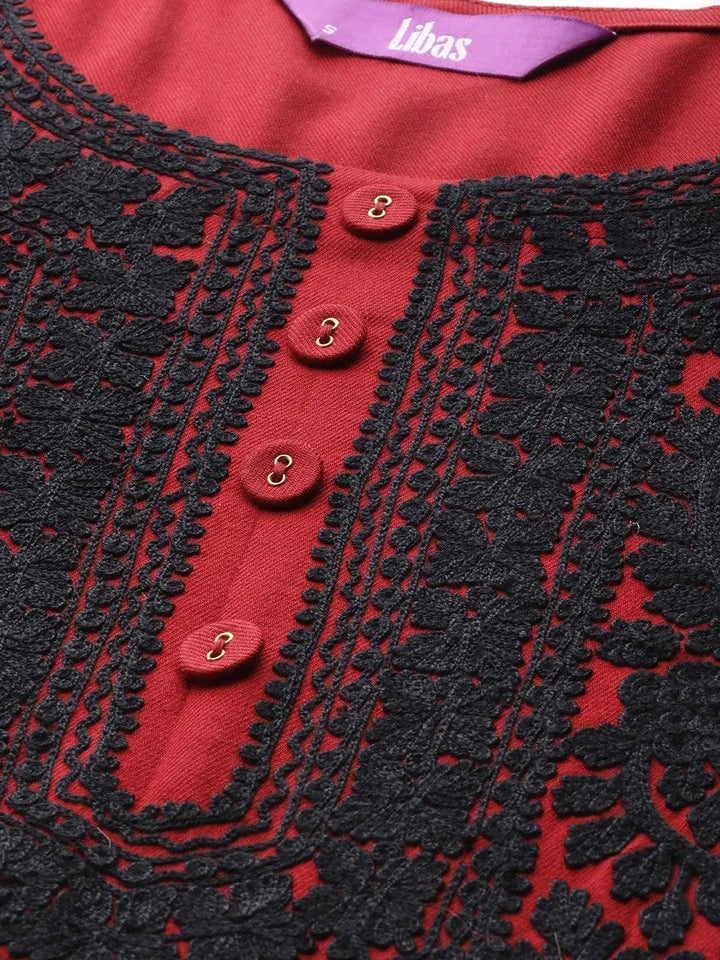 Maroon Printed Pashmina Wool Kurta - Libas