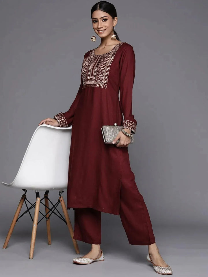 Maroon Printed Pashmina Wool Kurta - Libas