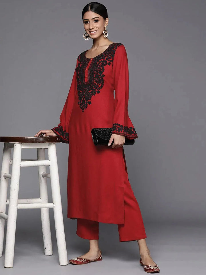 Maroon Printed Pashmina Wool Kurta - Libas