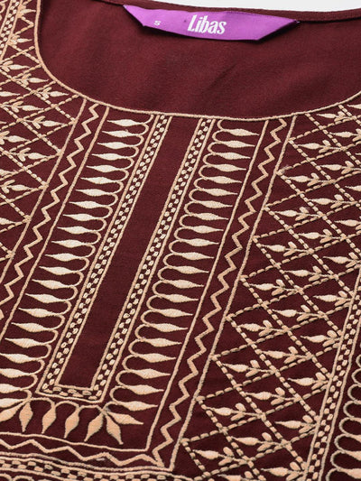 Maroon Printed Pashmina Wool Kurta - Libas