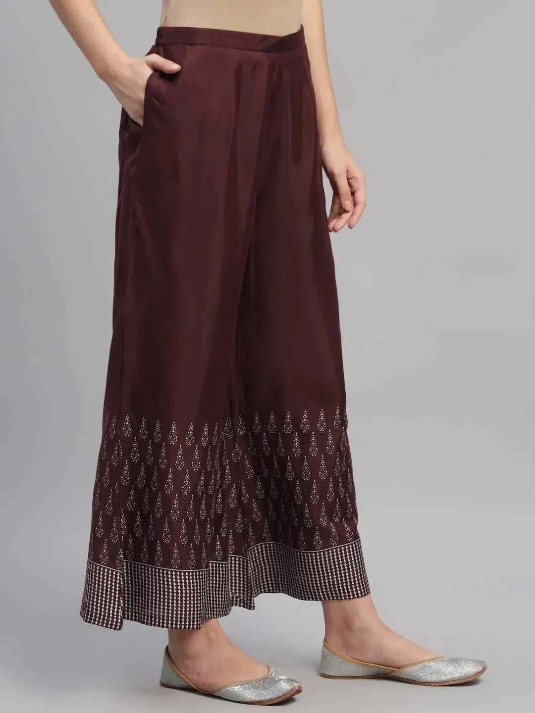 Maroon Printed Polyester Palazzos - Libas 