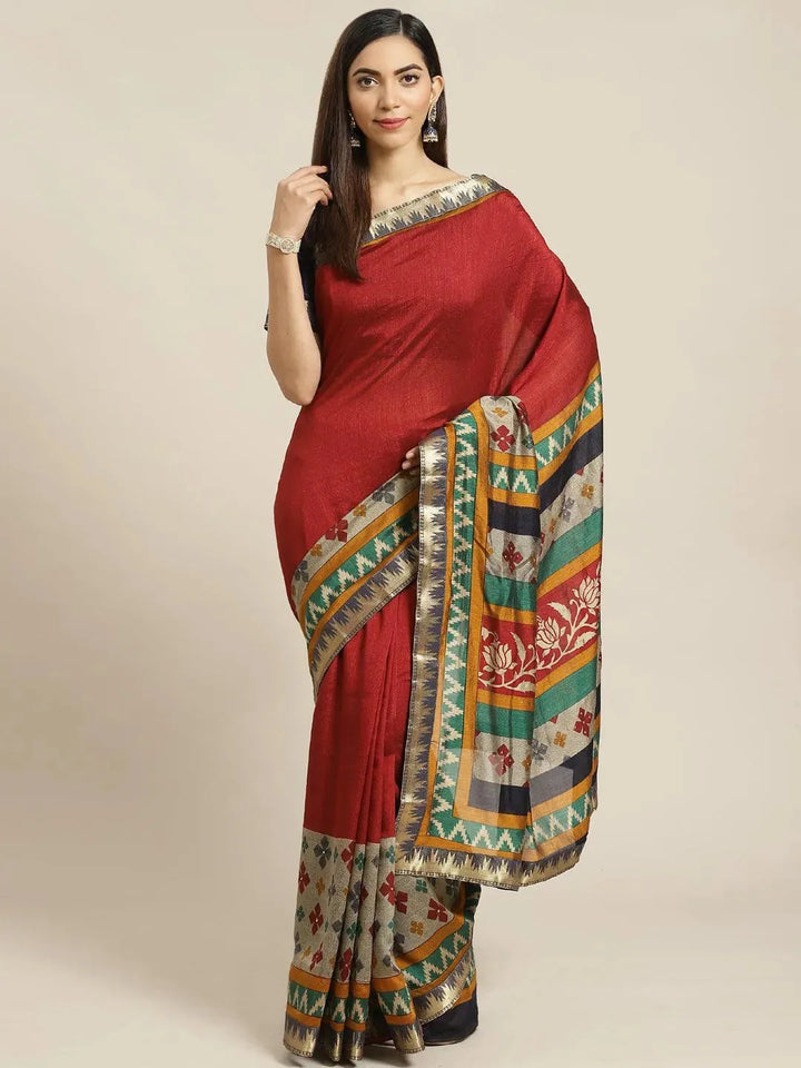 Maroon Printed Polyester Saree - Libas