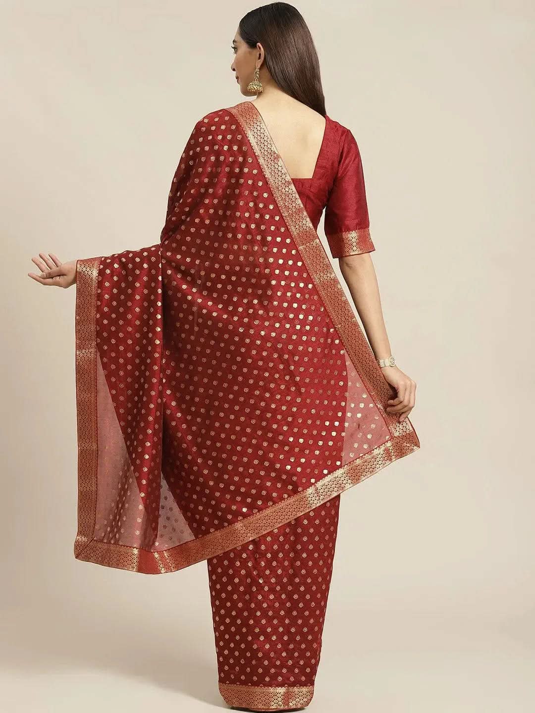 Maroon Printed Polyester Saree - Libas 
