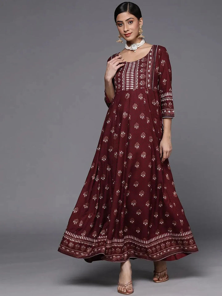 Maroon Printed Rayon A-Line Dress - Libas