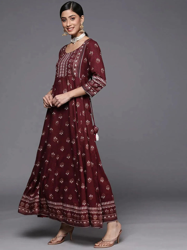 Maroon Printed Rayon A-Line Dress - Libas