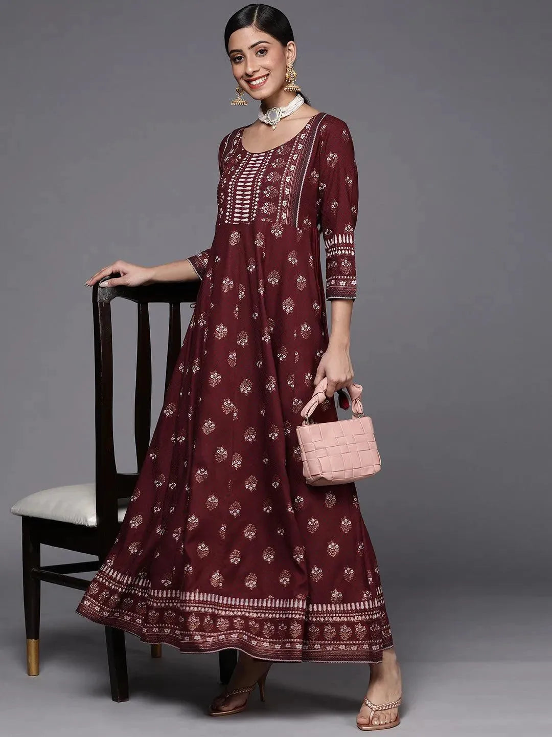 Maroon Printed Rayon A-Line Dress - Libas 