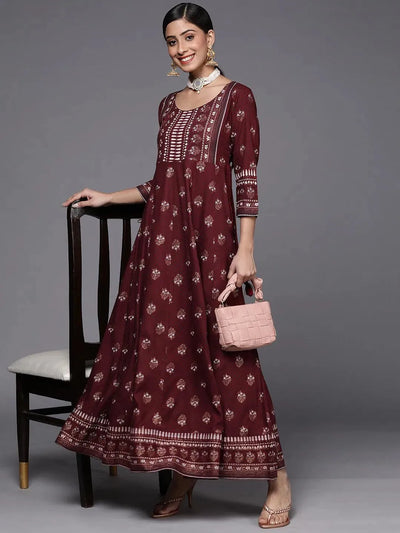 Maroon Printed Rayon A-Line Dress - Libas