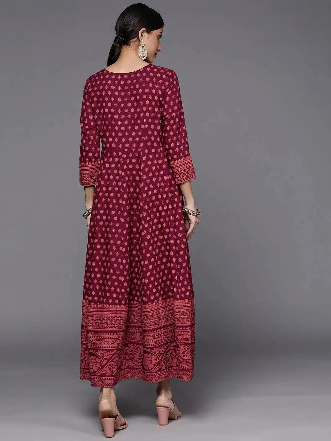 Maroon Printed Rayon A-Line Dress - Libas