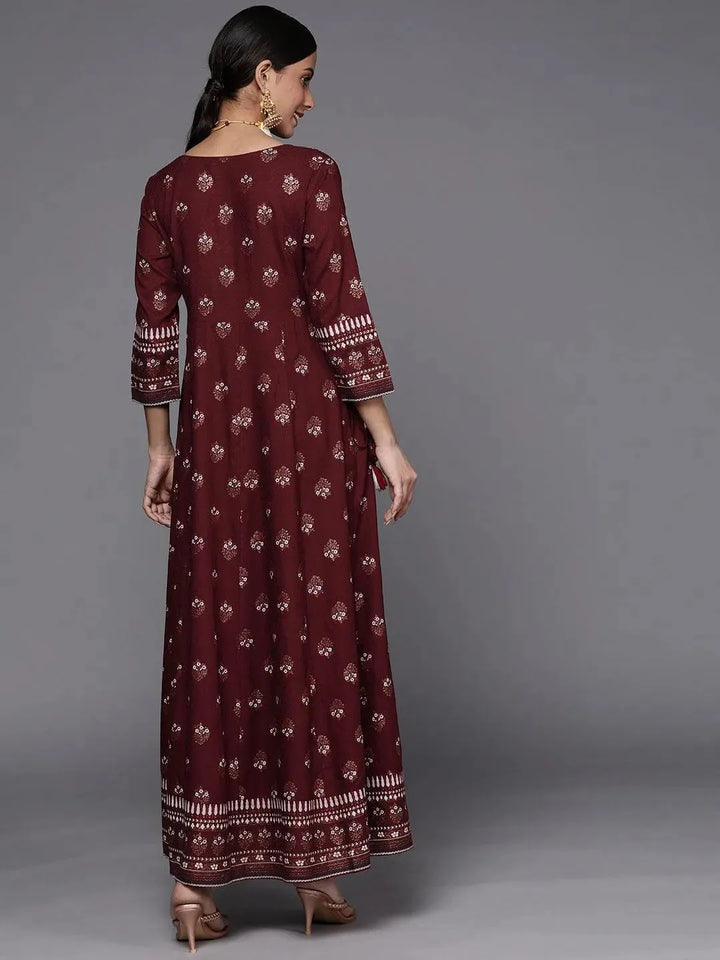 Maroon Printed Rayon A-Line Dress - Libas