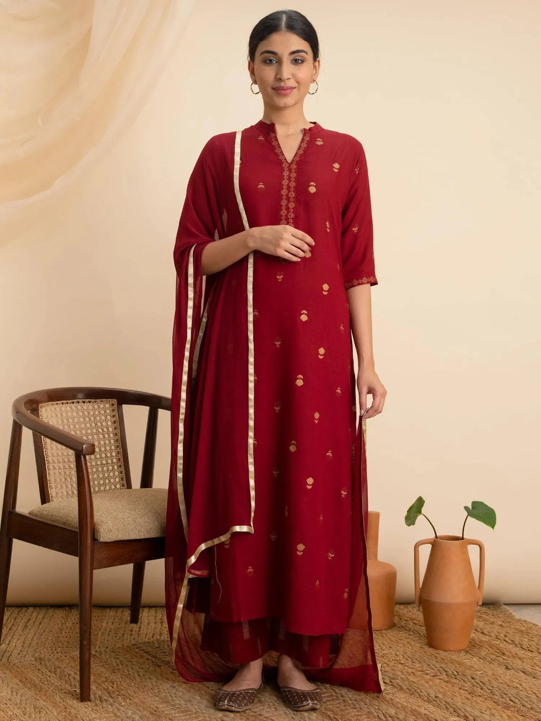 Maroon Printed Rayon Suit Set - Libas 