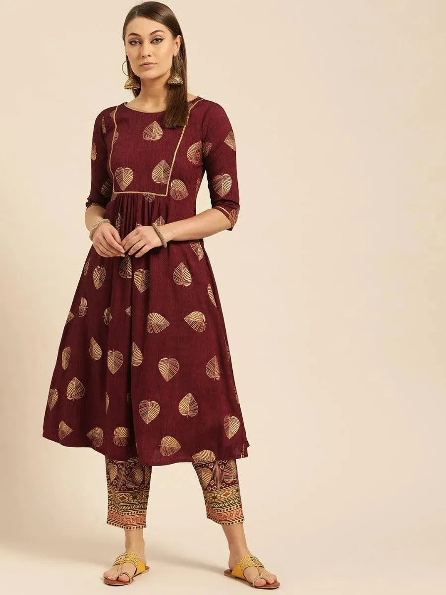 Maroon Printed Rayon Kurta Set - Libas