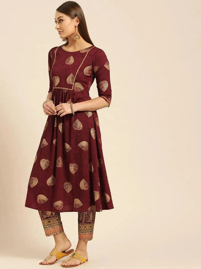 Maroon Printed Rayon Kurta Set - Libas