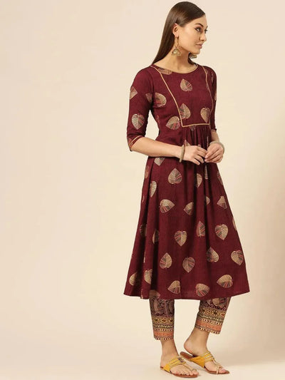 Maroon Printed Rayon Kurta Set - Libas