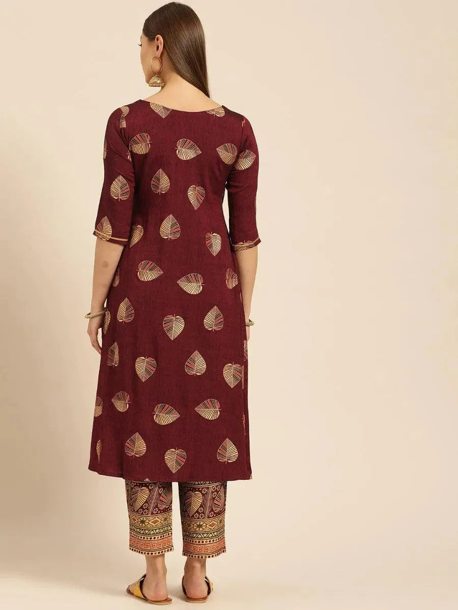 Maroon Printed Rayon Kurta Set - Libas