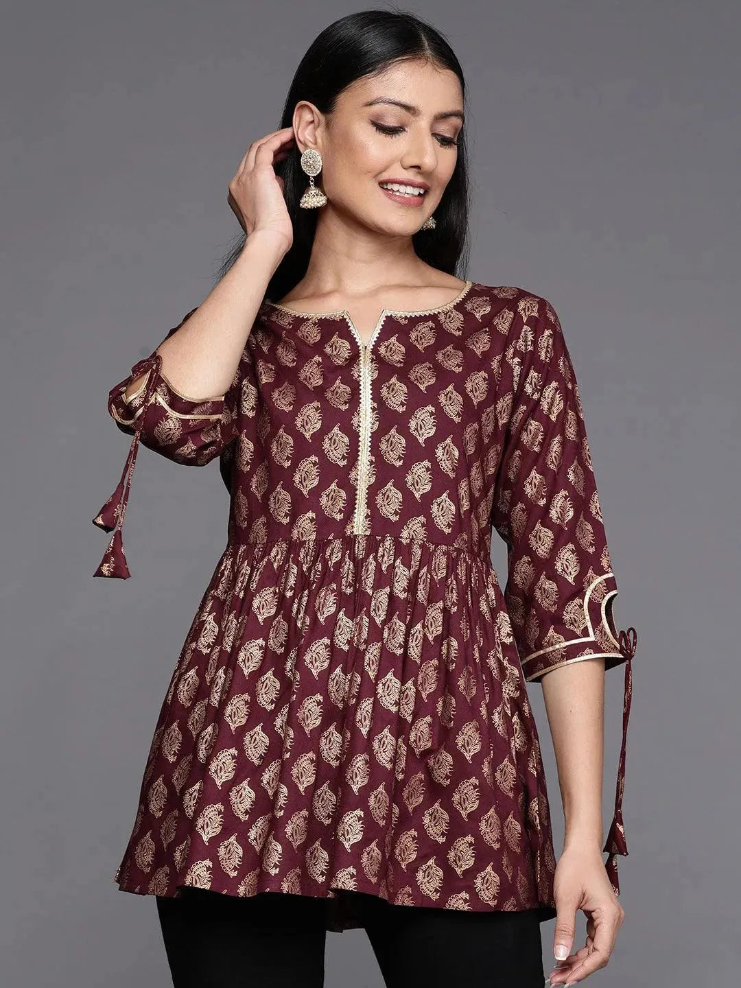 Maroon Printed Rayon A-Line Kurti - Libas