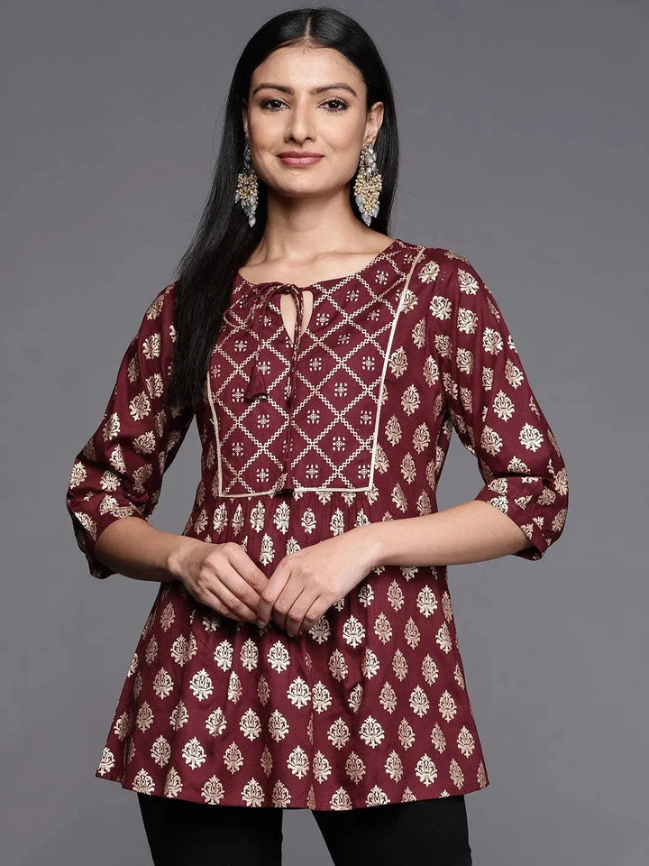 Maroon Printed Rayon A-Line Kurti - Libas