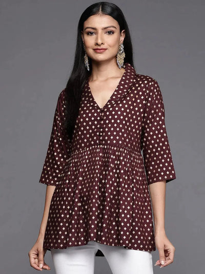 Maroon Printed Rayon A-Line Kurti - Libas