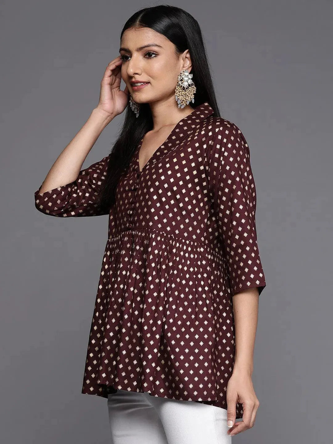 Maroon Printed Rayon A-Line Kurti - Libas