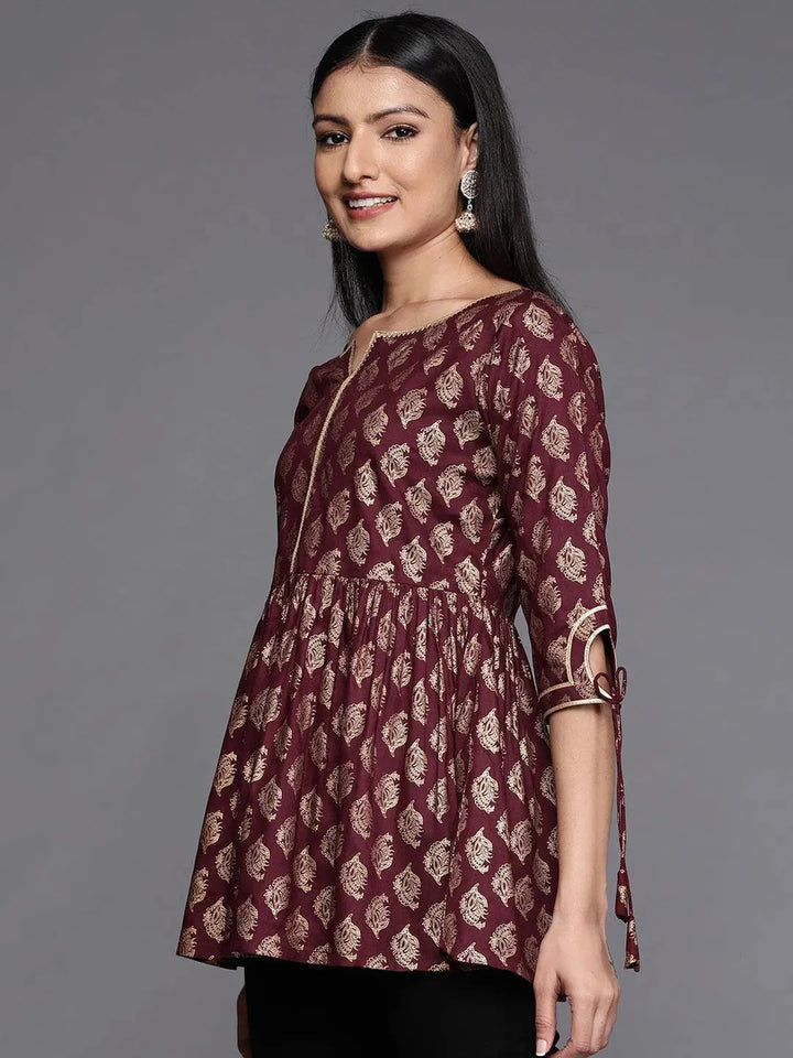 Maroon Printed Rayon A-Line Kurti - Libas