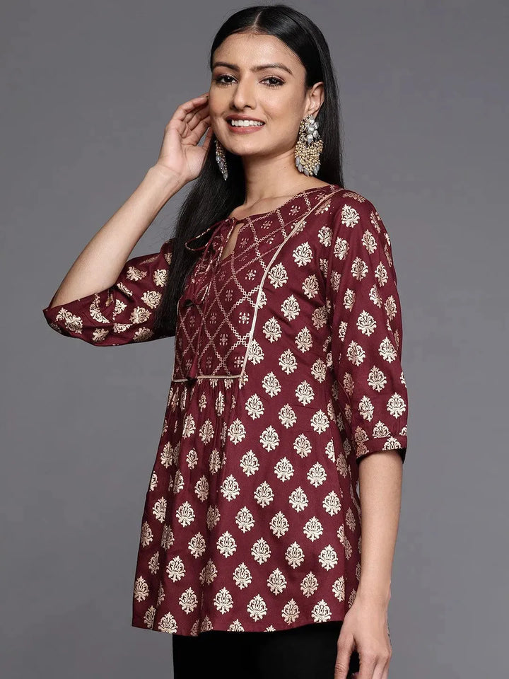 Maroon Printed Rayon A-Line Kurti - Libas