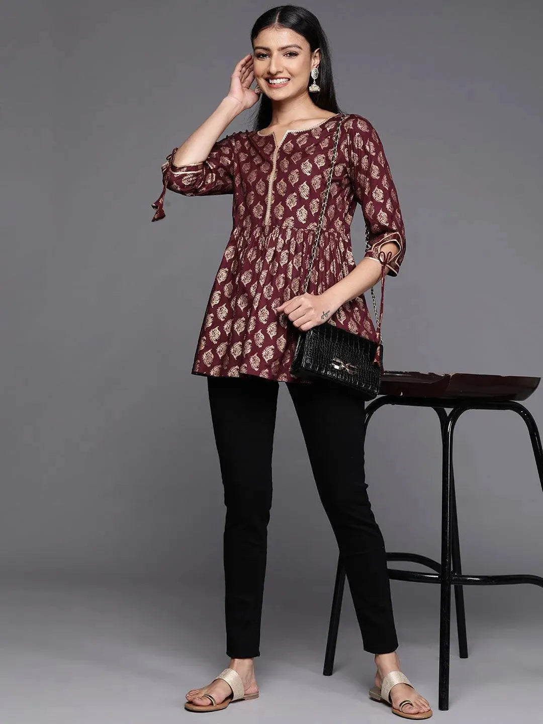 Maroon Printed Rayon A-Line Kurti - Libas