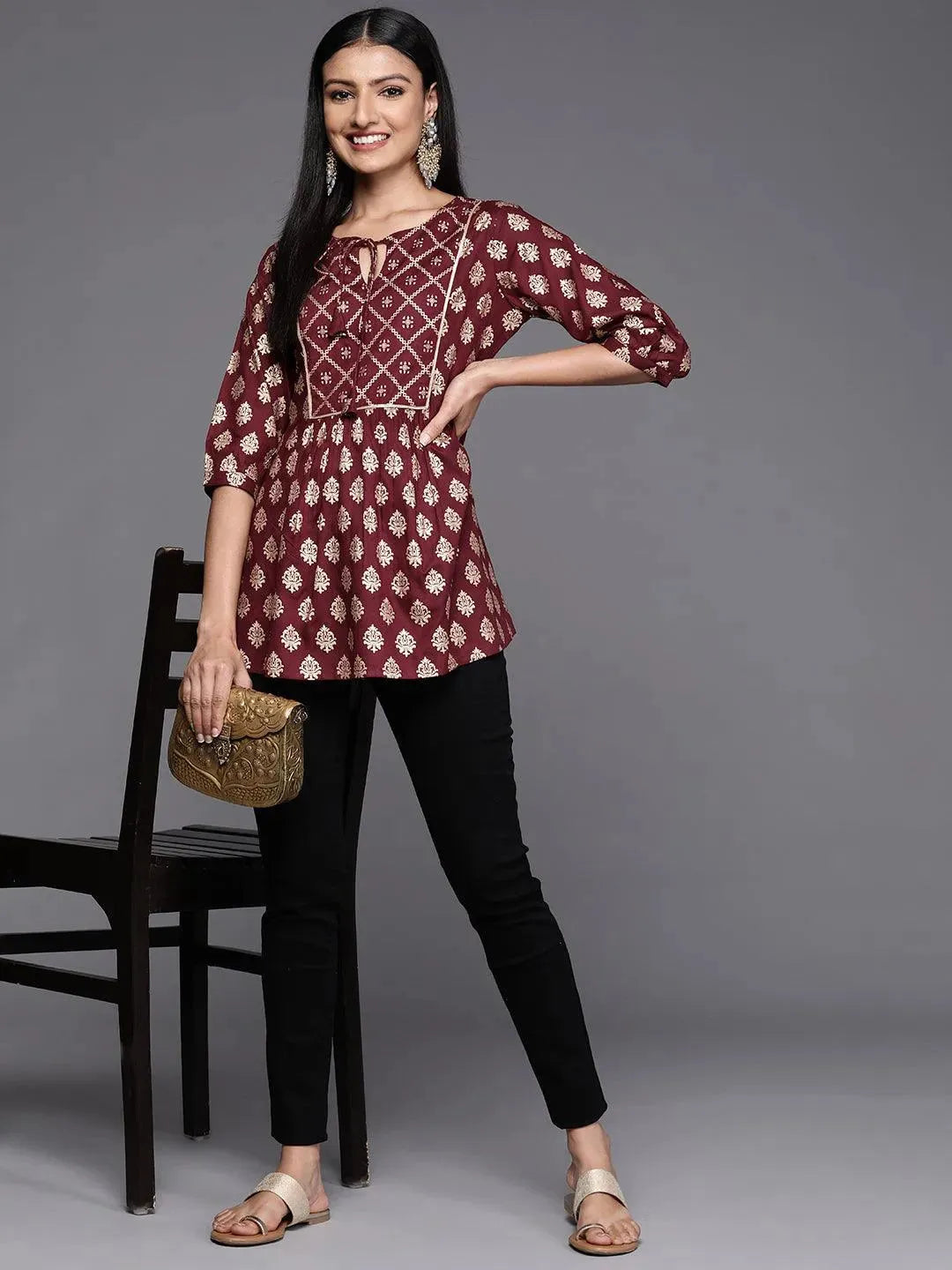 Maroon Printed Rayon A-Line Kurti - Libas