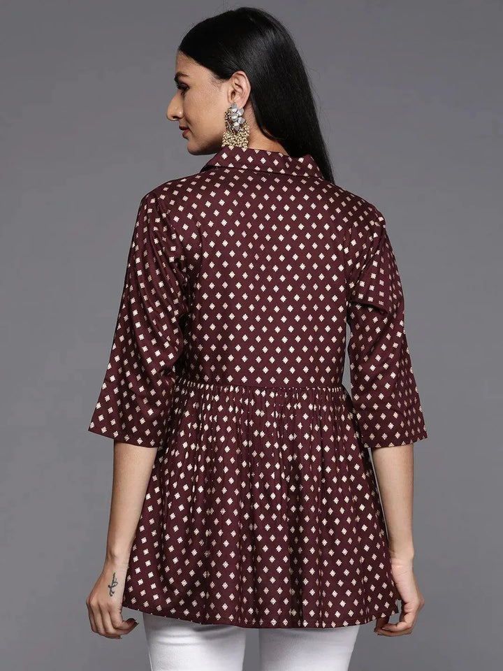 Maroon Printed Rayon A-Line Kurti - Libas