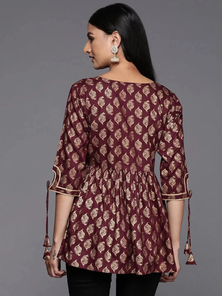 Maroon Printed Rayon A-Line Kurti - Libas