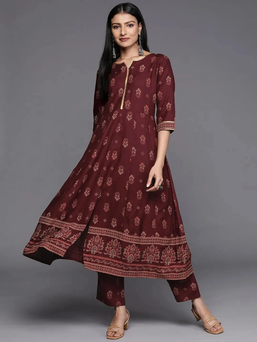 Maroon Printed Rayon Anarkali Kurta - Libas