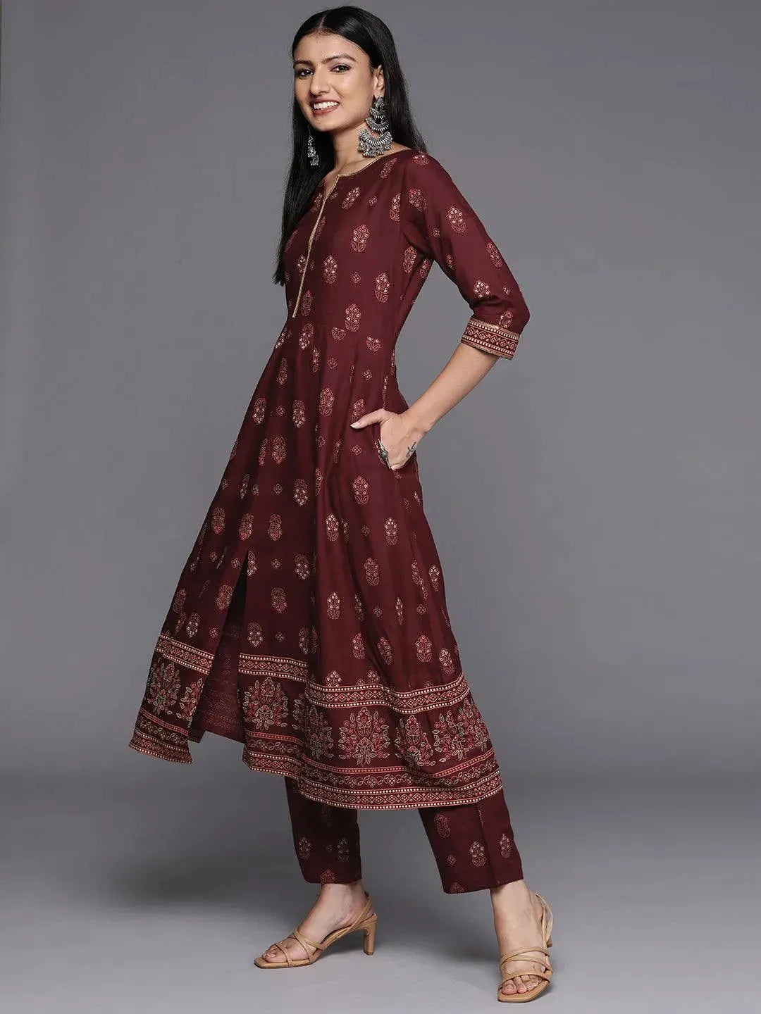 Maroon Printed Rayon Anarkali Kurta - Libas 