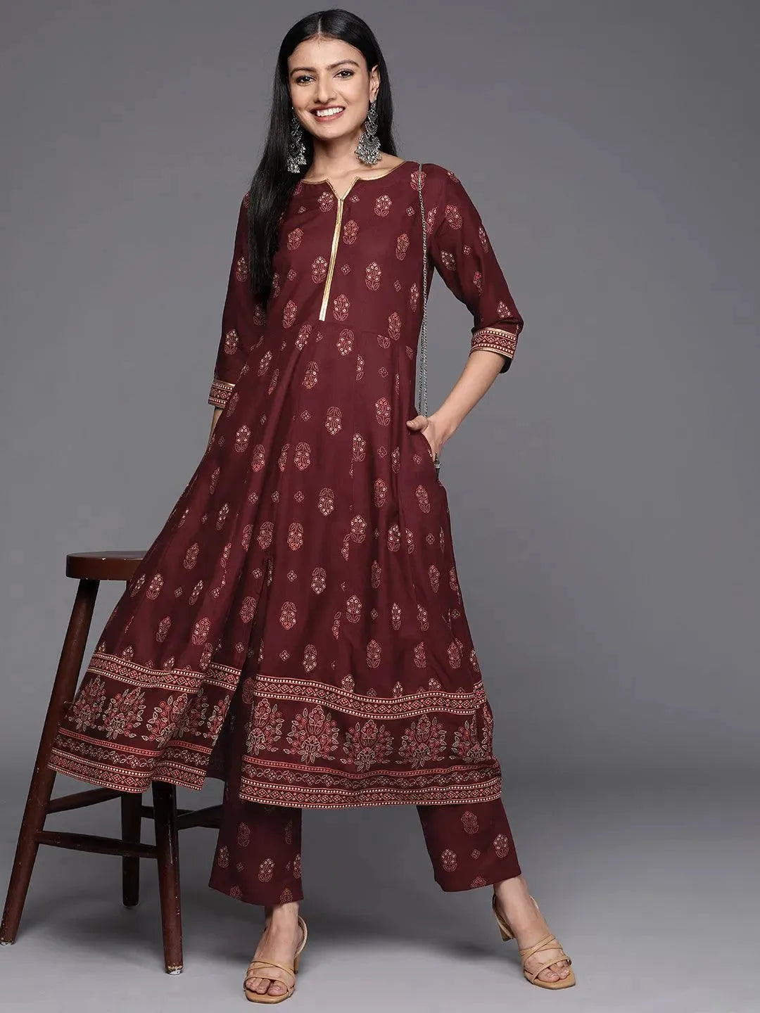 Maroon Printed Rayon Anarkali Kurta - Libas 